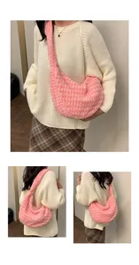 Close-up of soft pink plush texture and fuzzy material on this autumn shoulder bag