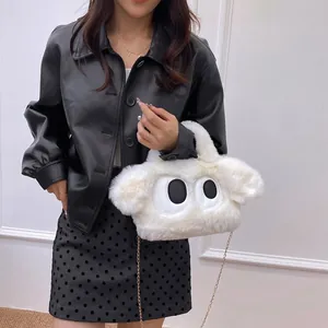 Sac chien peluche blanc mignon avec yeux cartoon et chaîne dorée pour femme