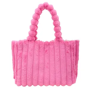 Rose pink plush tote bag with vertical stripes and fluffy pom-pom handles for women