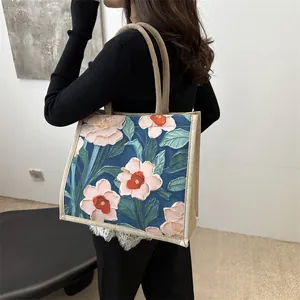 Sac fourre-tout en lin grande capacité avec imprimé floral ethnique pour le bureau