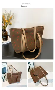 Brown corduroy tote bag with strawberry pattern and matching small pouch accessory