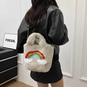 Plush beige handbag with rainbow embroidery and silver metal chain strap for women