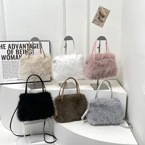 Damen Kunstpelz Plüsch Handtasche Luxus Einfarbig Kleine Quadratische Umhängetasche Mit Verstellbarem Schultergurt Winter Tote
