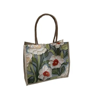 Sac fourre-tout en lin avec imprimé floral 3D et anses tressées pour le quotidien