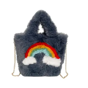 Gray plush faux fur tote bag featuring rainbow and cloud embroidery with gold chain