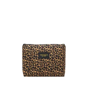 Portable large leopard print makeup bag with gold zipper and stylish leather logo patch