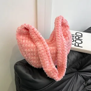 Women's Autumn Winter Large Capacity Plush Hobo Bag Soft Grain Fleece Shoulder Bag Casual Solid Color Cloud Underarm Bag
