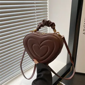 Women's Vintage Heart Shaped Crossbody Bag PU Leather Quilted Pattern Handbag With Scrunchie Handle Removable Shoulder Strap