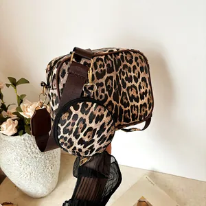 Leopardenmuster Umhängetasche Und Rundes Münzetui Breiter Stoffgurt Schultertasche Mode PU Leder Kameratasche Für Damen Alltagsdekor