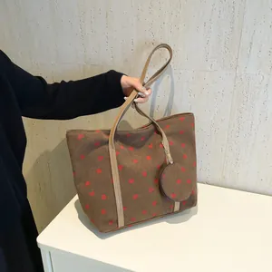 Brown corduroy strawberry print tote bag with a matching small coin purse charm