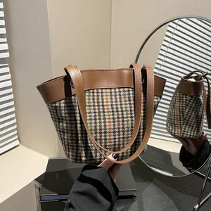 Sac Seau à Bandoulière en Cuir PU et Tweed Pied-de-poule Vintage pour Femmes Sac à Main Rétro Décontracté Avec Anneau en Métal