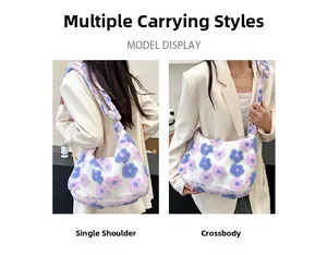 Floral plush tote bag shown as a shoulder and crossbody bag on a model display