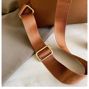 Details des verstellbaren Nylon-Schultergurts und der Gold-Metallschnalle am Rucksack