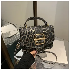 Dettaglio di borsa piccola quadrata leopardata con fibbia dorata e pelle sintetica