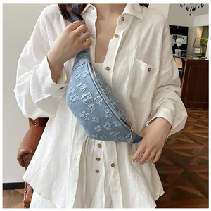 Close-up of light blue floral jacquard texture on women's chest bag with golden zipper