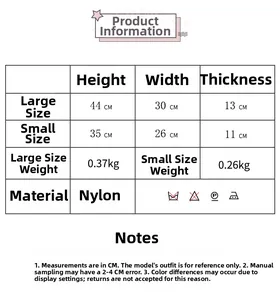 Tabla de tallas detallada para mochilas de nailon en versiones pequeña y grande