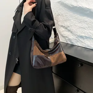 Retro contrast stitching tote bag with glossy brown texture and adjustable strap for women