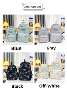 Vista detallada de las mochilas con estampado de mariposas en azul, gris, negro y beige