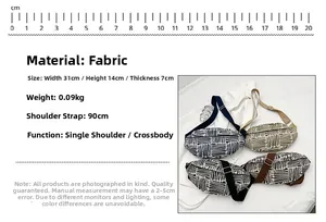 Detailed size specifications for canvas belt bags with bohemian stripe patterns