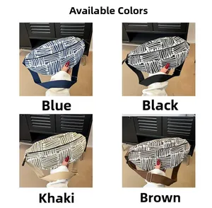 Collage of canvas belt bags in blue, black, khaki, and brown with striped patterns