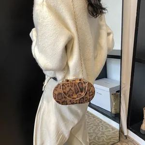 Trendy leopard print crossbody bag with gold metal handle and chain strap for women