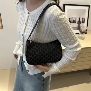 Retro black monogram crescent underarm bag with gold zipper for women's casual style