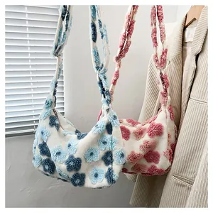 Detail of plush floral tote bag with 3D flower patterns and metal strap hardware