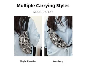 Canvas chest bag with black and white stripes shown in crossbody and shoulder styles