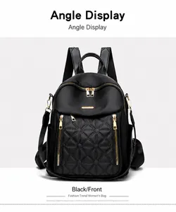 Dettaglio zaino in nylon nero con trapuntatura a rombi e finiture in metallo oro
