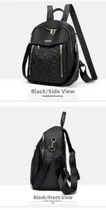 Dettaglio dello zaino in nylon nero con pelle trapuntata e cerniere metalliche dorate