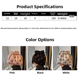 Size chart for strawberry corduroy mini bucket bag with dimensions and strap length