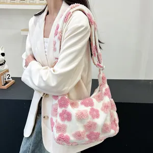 Women Sweet Plush Flower Tote Bag Soft Floral Shoulder Bag Casual Winter Fashion Underarm Bag With Adjustable Strap