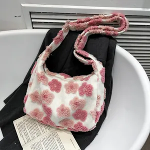 Floral plush tote bag with 3D pink flowers and wide shoulder strap for winter fashion