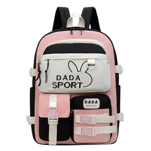 Close-up of contrast color school backpack with rabbit outline and functional pockets