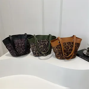 Women's Vintage Leopard Print Bucket Bag Large Capacity PU Leather Patchwork Shoulder Tote Handbag For Daily Commuting Office