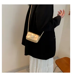 Close-up of golden mini square bag with silver butterfly buckle on black blazer