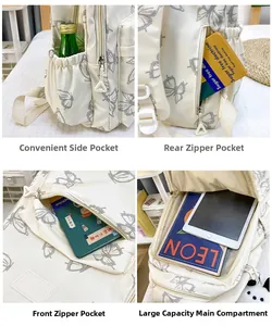 Detalle de mochila blanca con estampado de mariposas, bolsillos laterales y gran espacio