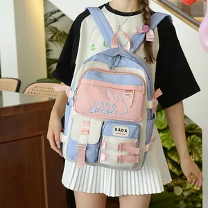 Close-up of color-block backpack with embroidered DADA SPORT logo and cute rabbit ears