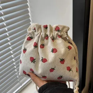 Cute Strawberry Print Corduroy Mini Bucket Bag For Women Small Drawstring Crossbody Bag Portable Casual Daily Outing Handbag