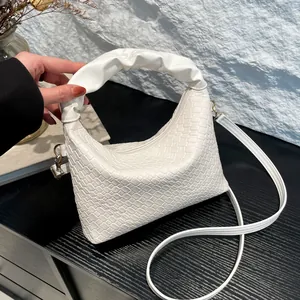 Stylish white woven shoulder bag with ruched handle and detachable strap for women