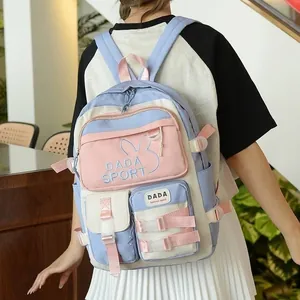 Girl's pastel color-block nylon backpack with multi-pockets and bunny graphic design