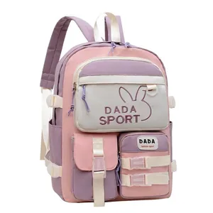 Pink and lilac color-block school backpack with multiple pockets and cute embroidery