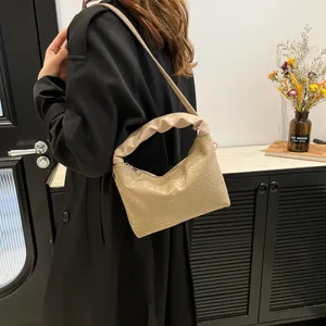 Fashionable beige woven hobo bag with cloud pleat handle and large capacity design