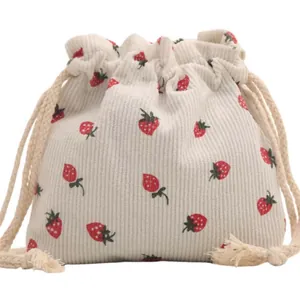 Cute strawberry print corduroy drawstring bucket bag for women with cotton rope handles