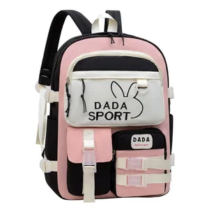 Pink and black color-block school backpack with cute rabbit print and DADA SPORT logo