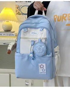 Detailansicht hellblauer Studentenrucksack mit Plüschtier und schickem Zubehör