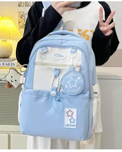 Detailansicht hellblauer Rucksack mit mehreren Taschen, Plüschtier und Sternanhänger