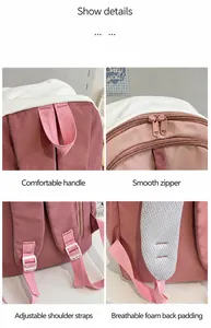 Detailansicht des rosa Rucksacks mit Webgriff, Reißverschlüssen und atmungsaktivem Rückenteil