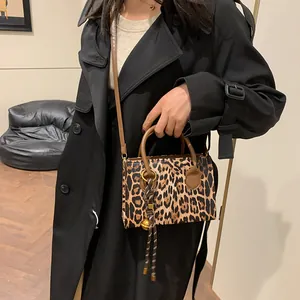Fashionable leopard print crossbody bag with brown top handle and decorative tassel