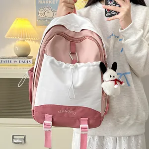 Japanischer Stil Damen Große Kapazität Farbblock Rucksack Nylon Schultasche Für High School Schüler Mädchen Mit Plüsch Anhänger